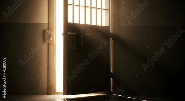Obraz Bright light shining through an open old cell door