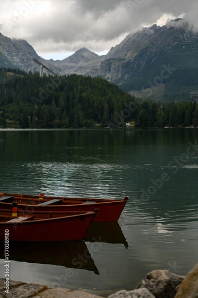 Fototapeta Red Boats on Mountain Lake