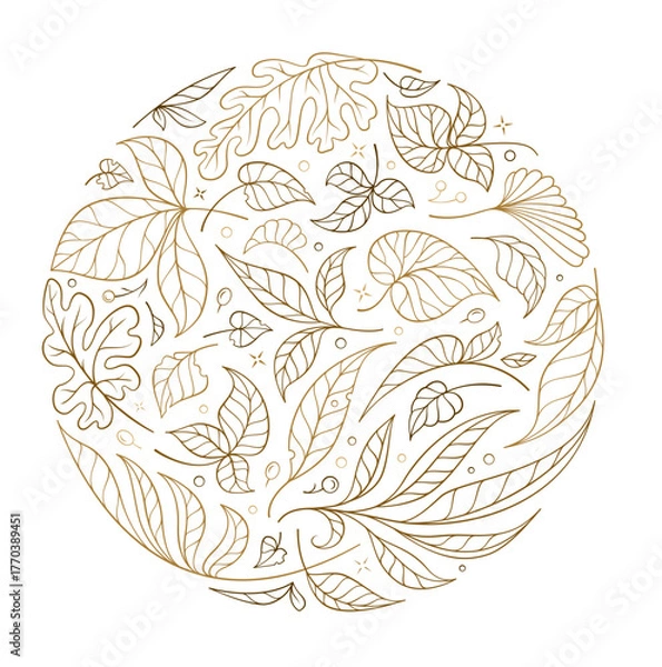 Fototapeta Golden botanical circle. Elegant decorative vector with leaves and fine line details