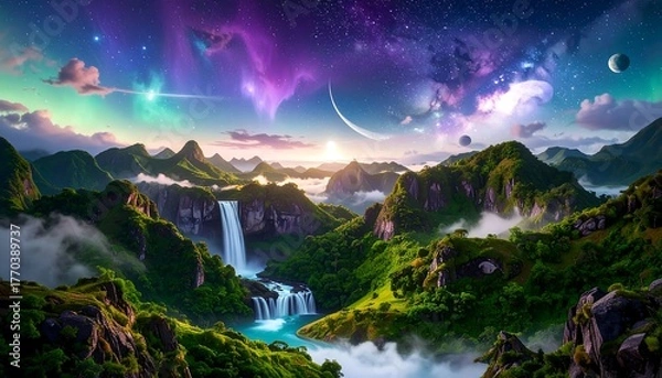 Fototapeta Ethereal dreamscape of a lost paradise valley with waterfalls under a spectacular cosmic and celestial sky