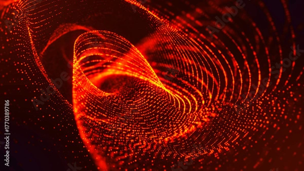 Fototapeta Neon fire background with dots and particles, textured line tunnel, wave spiral, orange energy cosmos, LED strip design for technology, business and presentations.