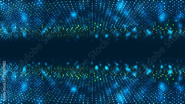 Fototapeta Neon blue dotted frame background with particle matter, portal to black hole, chaotic molecule waves, Milky Way, digital field banner for technology, advertising and presentations.