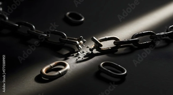 Fototapeta Simple conceptual image of broken metal chain links representing liberation