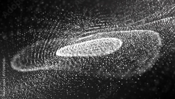 Fototapeta Halftone Circular design with fragments, particles, molecular spheres, glowing energy patterns, endless motion, hypnotic lines, cosmic features,  abstract avocado. Perfect for science,  technology 