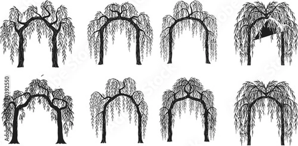 Obraz PrintWillow tree arch silhouette collection, garden landscape design elements, natural archway illustrations, botanical nature art, black and white trees, vector set