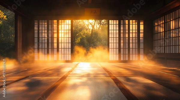 Fototapeta 3D Illustration of a Traditional Japanese Style Dojo or Karate School with Haze in the Air