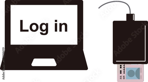 Fototapeta ICカードリーダーでマイナンバーカードを読み取ってログインするイメージイラスト