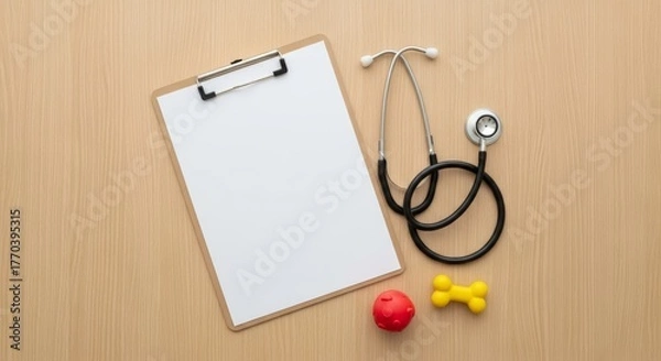 Fototapeta Overhead view of a clipboard with blank white paper, a stethoscope, and colorful pet toys (ball and bone) on a wooden desk, symbolizing veterinary care.