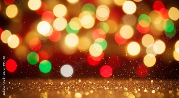 Fototapeta Festive blurred Christmas lights creating colorful bokeh effect with red, green, gold, and white circular lights. Golden glitter sparkles at bottom. Holiday atmosphere.