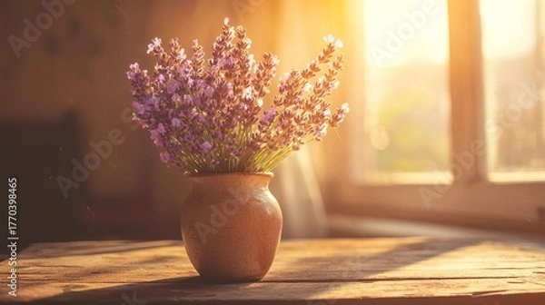 Fototapeta Lavender bouquet in rustic vase, sunlit window.