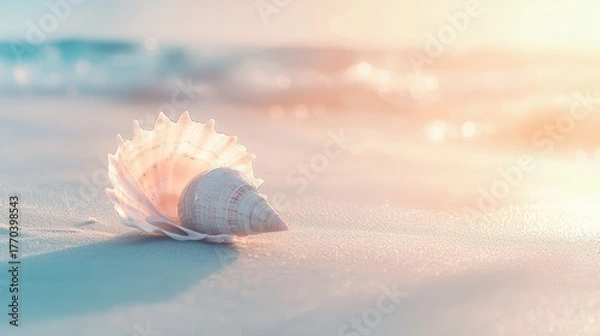 Fototapeta Seashell on sandy beach at sunset.