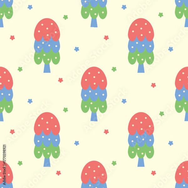 Fototapeta Colorful Pine tree and tiny flowers seamless pattern.Scandinavian woodland folk design.Abstract simple background.Nature forest illustration for print decor,wallpaper,happy Christmas holiday,wrapping