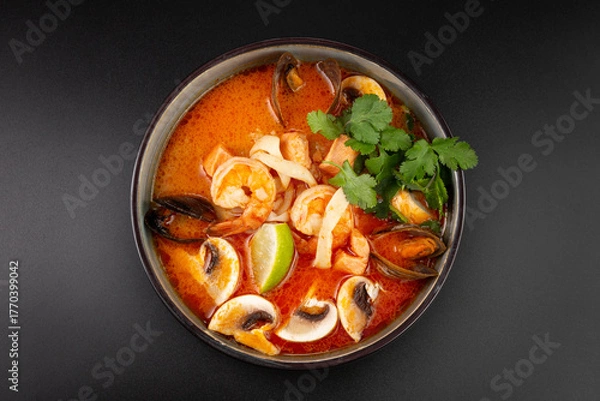 Fototapeta Spicy Thai Tom Yam soup with coconut milk, tiger prawns, mussels,squid,trout, and mushrooms. rice and lime