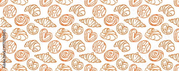 Fototapeta Crayon croissants, pretzels and donuts on white background. Doodle bakery background. Sketch pastry cookies seamless pattern 
