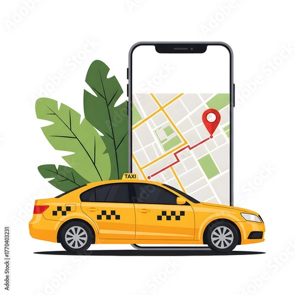 Fototapeta Yellow taxi car and smartphone with navigation app isolated on transparent background