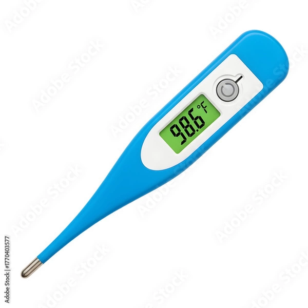 Fototapeta Blue digital thermometer showing a temperature isolated on transparent background