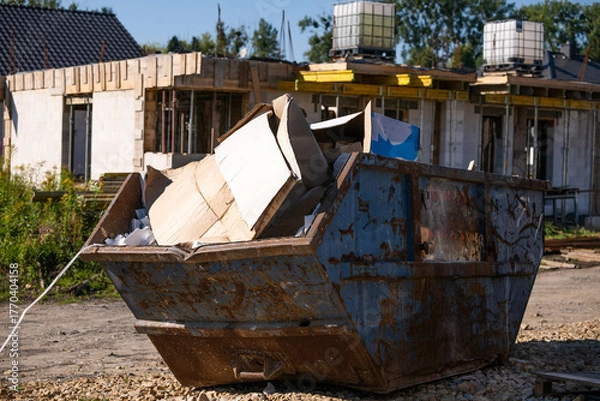 Fototapeta Large Rusty Dumpster Filled with Construction Waste
