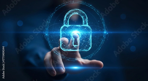 Fototapeta A person's finger touches a glowing digital padlock icon, symbolizing cybersecurity and data protection.