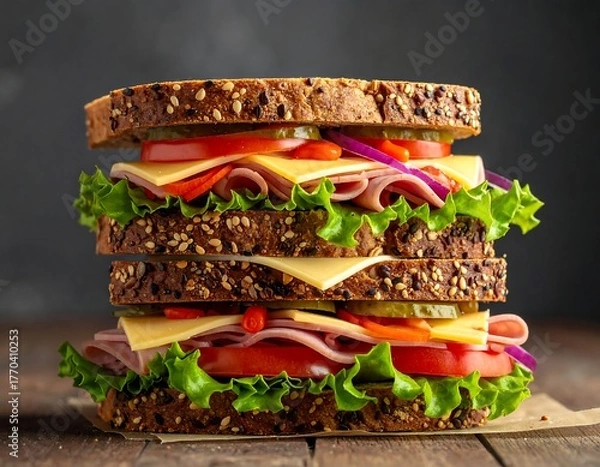 Fototapeta A layered sandwich sits on a wooden surface. Two slices of seeded bread cradle a generous filling of meats, cheeses, and vegetables