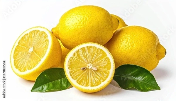 Obraz Pile of Yellow Lemons with Green Leaves on White Backdrop