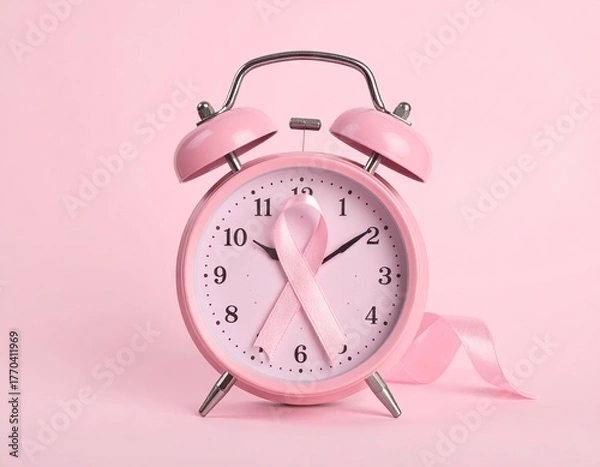 Fototapeta Pink Alarm Clock with Awareness Ribbon on Pink Background