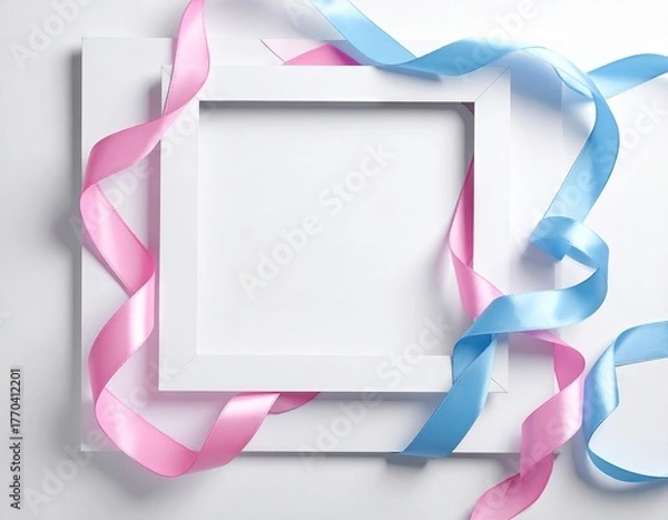 Fototapeta Pink And Blue Ribbons Frame White Background
