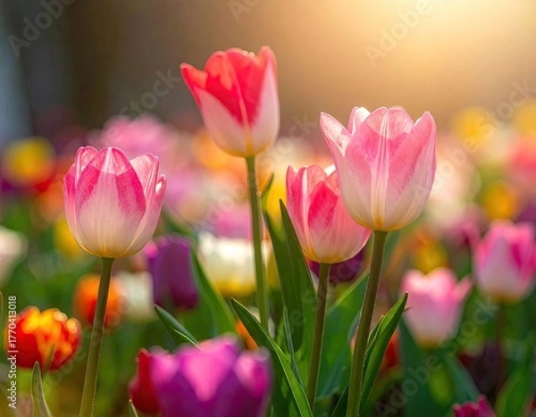 Obraz Pink and White Tulips in a Field at Sunset