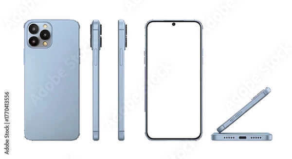 Fototapeta Modern smartphone with multiple views showing back side profile and front screen isolated on transparent background