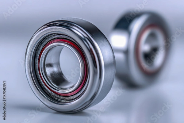 Fototapeta Shiny metallic ball bearings with red sealing rings placed on smooth surface showcasing engineering precision and industrial component design