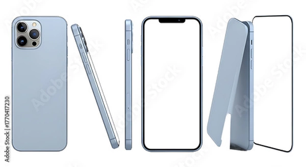 Fototapeta Modern light blue smartphone with blank screen displayed from multiple angles isolated on transparent background
