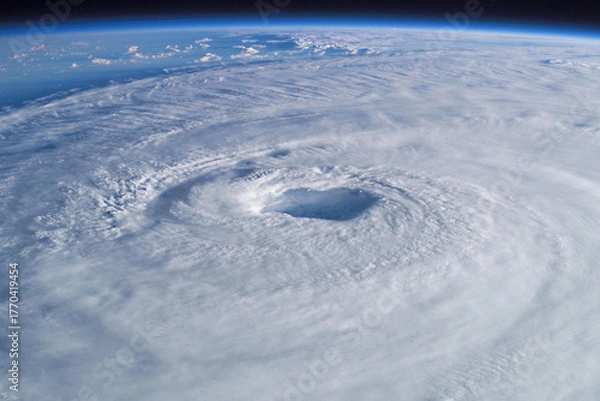 Fototapeta Hurricane Melissa 2025. Powerful hurricane seen from space with a clearly defined eye, swirling clouds. Super Typhoon, tropical storm, cyclone, hurricane, tornado, over ocean. Weather background
