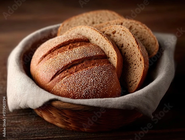 Fototapeta Rustic basket filled with freshly baked whole grain bread slices, placed wooden table, creating warm and inviting atmosphere
