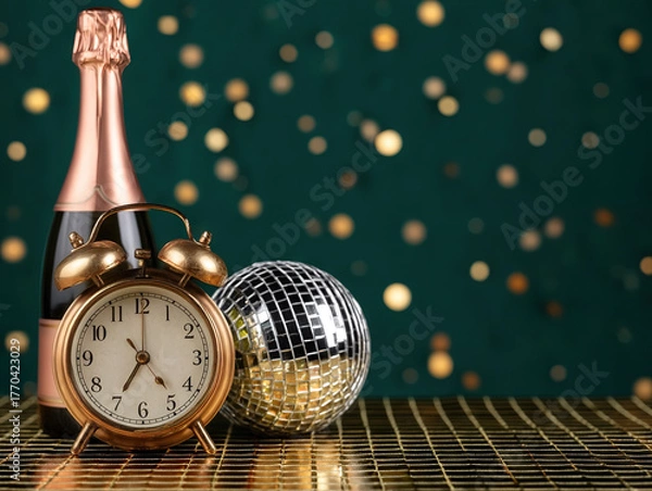 Fototapeta Golden alarm clock, champagne bottle, and disco ball on reflective surface with festive bokeh lights in background