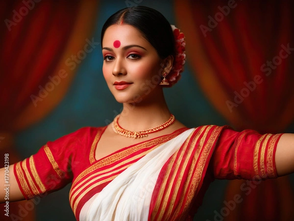 Fototapeta Elegant Indian woman in traditional red and white saree, adorned with jewelry, poses gracefully against vibrant backdrop