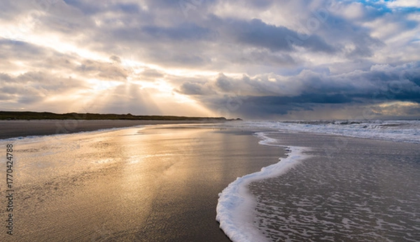 Fototapeta Idyllic beach panorama on the North Sea island of Norderney in the Wadden Sea National Park (Germany) in the atmospheric golden light of the autumn evening sun, reflected in the water and wave surf. 