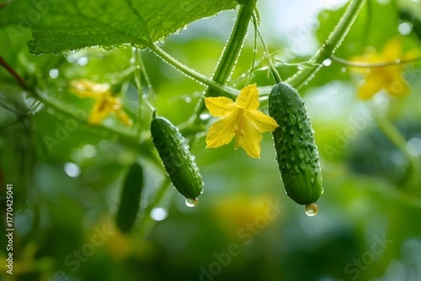 Fototapeta Fresh cucumbers on vine with yellow blossoms and water drops.