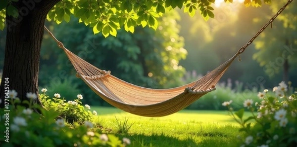 Fototapeta A tranquil scene of a hammock gently swaying in a lush green garden, bathed in soft sunlight  Perfect for relaxation and escapism themes , de-stress, nature