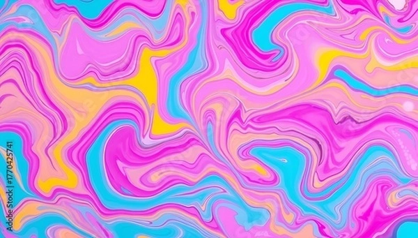 Fototapeta Vibrant abstract fluid art background with swirling pink, blue, and yellow colors creating a dynamic marbled pattern.