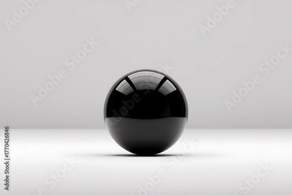 Fototapeta Sleek black sphere rests on a plain surface, reflecting light in a minimalist composition.