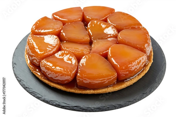 Obraz Golden caramelized apples arranged atop a pastry base, a sweet and decadent dessert.