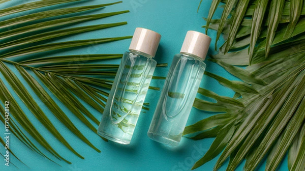Fototapeta Tropical skincare bottles with palm leaves