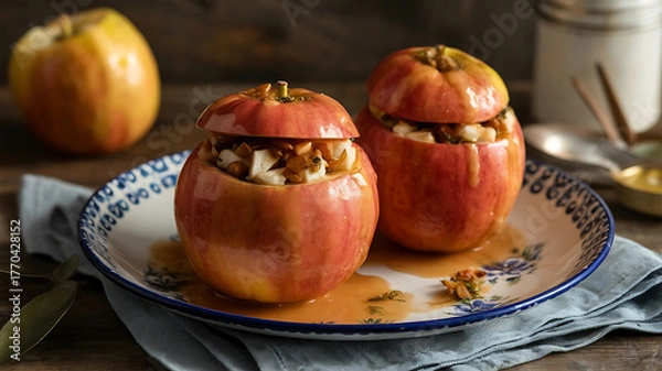 Fototapeta Baked apples filled with a savory mixture, presented on a rustic plate with a sauce.