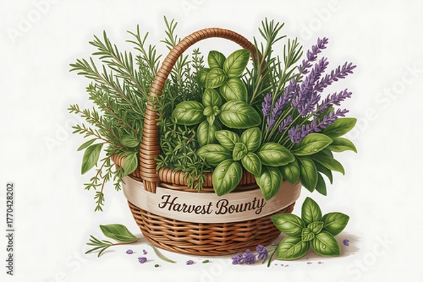 Fototapeta Wicker basket overflows with fresh herbs and flowers, showcasing a bountiful harvest.