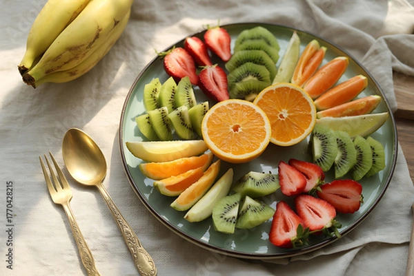 Fototapeta Colorful fruit platter with bananas, strawberries, kiwi, orange, and carrots, beautifully arranged.