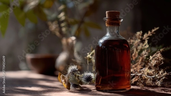 Fototapeta Fermented Drinks for Gut Health. A rustic glass bottle filled with dark liquid, surrounded by herbs and soft natural light.