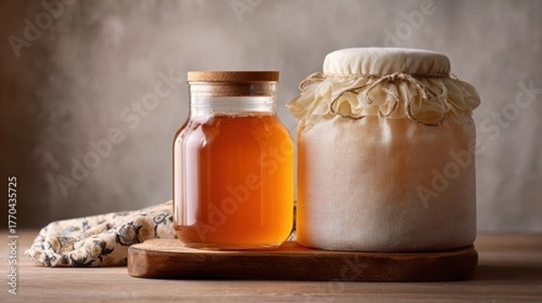 Fototapeta Fermented Drinks for Gut Health. A glass jar of honey beside a cloth-covered jar on a wooden surface.
