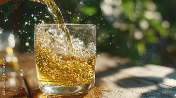 Fototapeta Fermented Drinks for Gut Health. Refreshing drink splashing into a glass with sunlight and greenery in the background.