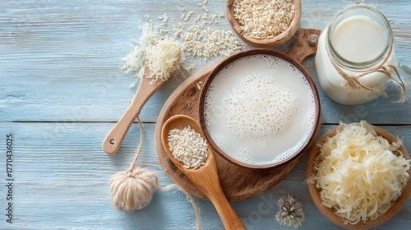 Fototapeta Fermented Drinks for Gut Health. Oat milk and ingredients displayed on a rustic wooden surface.