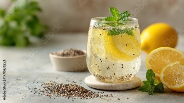 Fototapeta Fermented Drinks for Gut Health. Refreshing lemon drink with mint leaves and chia seeds on a textured surface.
