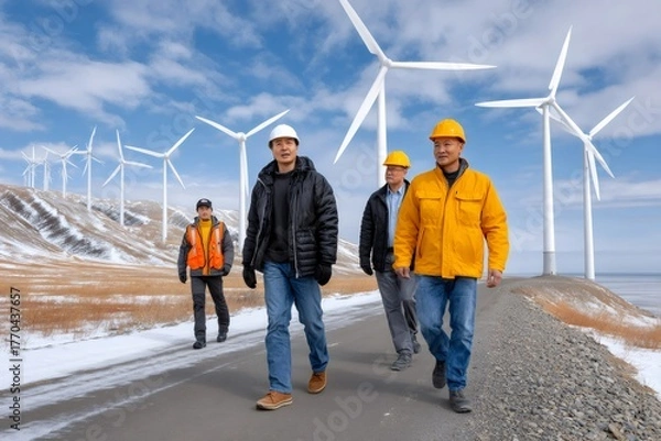 Obraz Engineers and workers walking at wind farm site